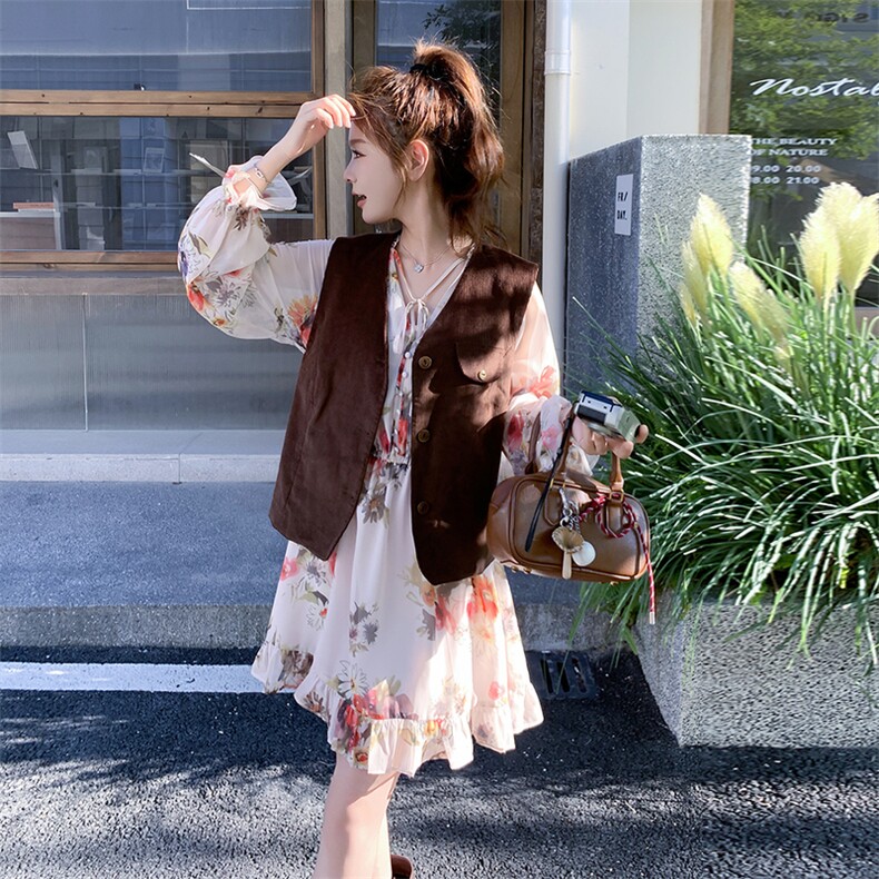 法式优雅马甲碎花长袖连衣裙两件套女春秋2025新款小个子a字短裙,女装套装/套裙,2C131