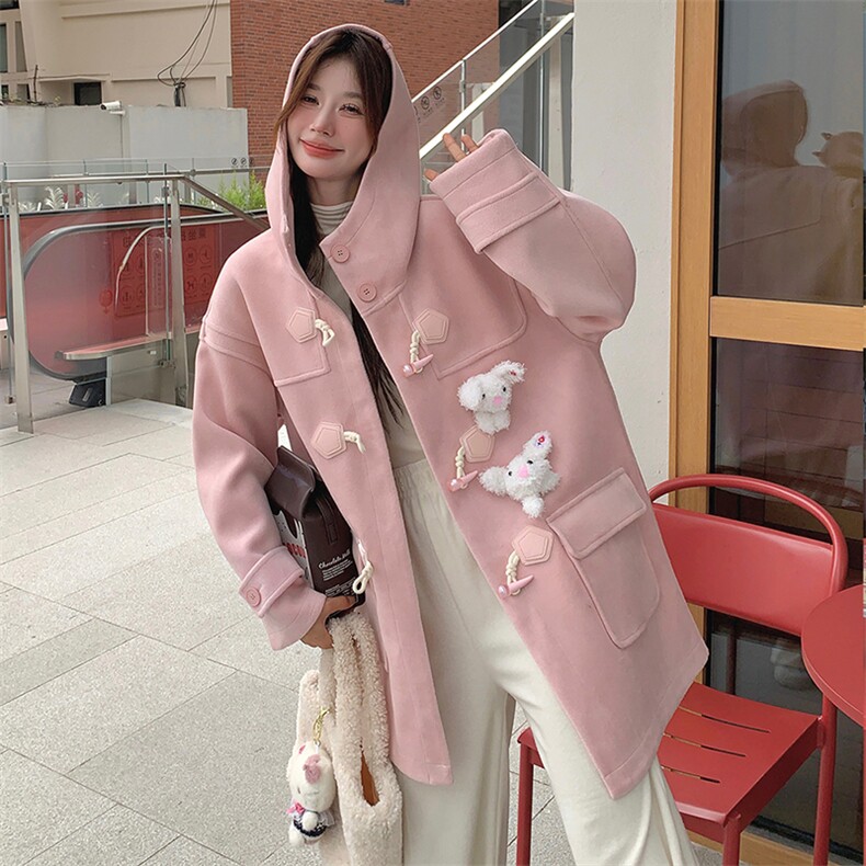 Bigsize宽松连帽羊毛呢外套（玩偶可拆装）甜美粉色，女装毛呢外套，天使之佳话