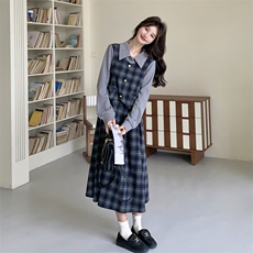 出货春新款格子拼灰色假两件连衣裙2C198-6826-P175K278，女装连衣裙，2C198