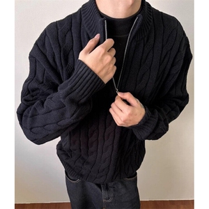 半拉链高领粗麻花纹毛衣男冬季慵懒风老钱风内搭针织衫 MY395图片