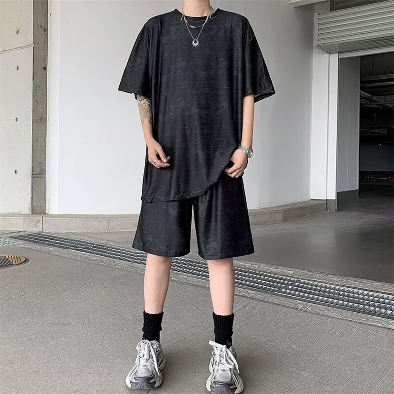 冰丝蝴蝶网大码黑色套装潮夏季加肥加大胖子肥佬透气速干TZ107,男装休闲套装,星座601-2