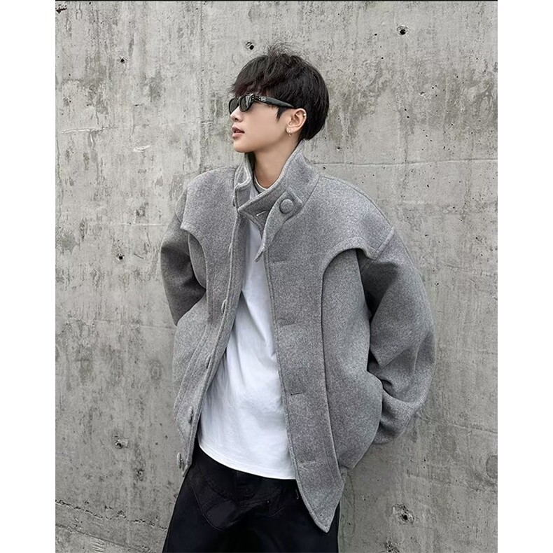 冬韩复古短款毛呢大衣男设计感韩版重磅解构立领外套W6279-P111，男装毛呢大衣，星座412-2