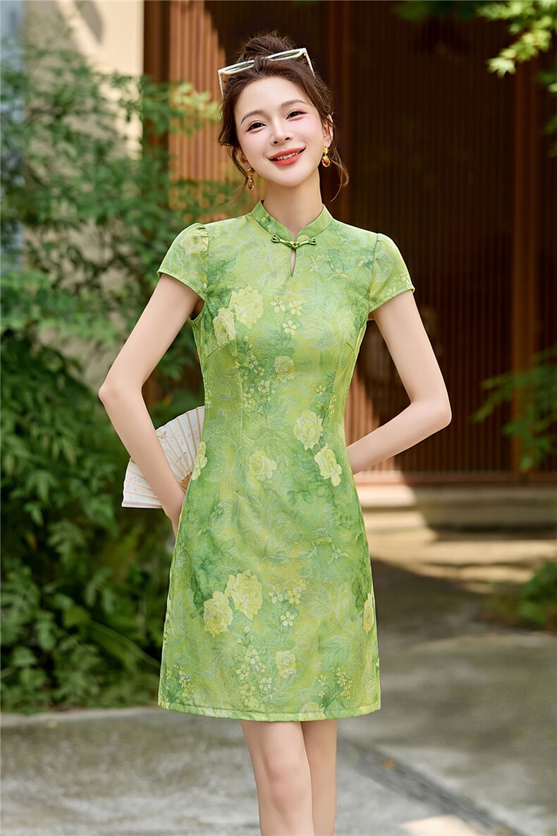 新中式改良旗袍连衣裙女夏复古印花收腰显瘦A字裙气质,女装连衣裙,丽影随形