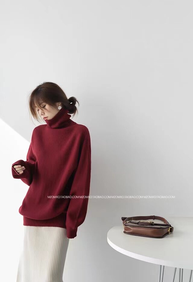 慵懒风q气质潮流高领毛衣女秋冬女装复古中长款宽松针织上衣,针织衫/毛衣,半城羊绒