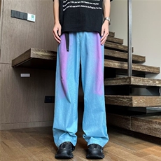 彩虹渐变牛仔裤薄款潮流复古宽松直筒休闲阔腿裤，男装牛仔裤，星座716-3