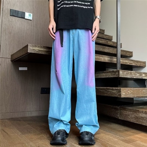 彩虹渐变牛仔裤薄款潮流复古宽松直筒休闲阔腿裤图片