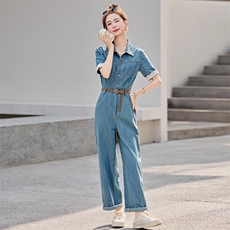 欧货薄款牛仔连体裤女2025夏新款时尚炸街显瘦蕾丝拼接直筒连衣裤，女装连体裤，意芙