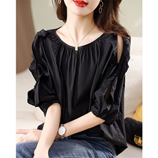 泡泡袖衬衣2023夏季新款可爱娃娃衫亮色显白中袖衬衫，女装蕾丝衫/雪纺衫，美吧服饰