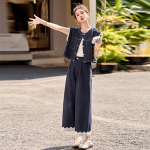 盐系复古蕾丝花边拼接牛仔马甲上衣阔腿裤套装两件套女夏韩系穿搭图片