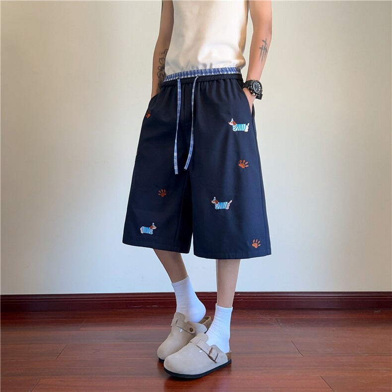 抖音品质夏季新款设计感腊肠狗刺绣七分裤B315-K25775-特p30控58,男装休闲裤,电商B315