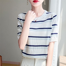显瘦条纹短袖T恤女夏季2025新款打底衫洋气大码女装冰丝针织上衣，女装针织衫/毛衣，萱芳婷羊绒