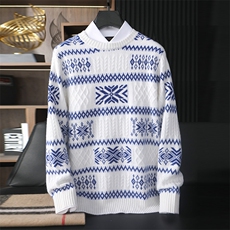 时尚男士双股羊毛提花毛衣英伦风浮线设计舒适保暖经典圆领，男装羊绒套衫，台绒羊绒