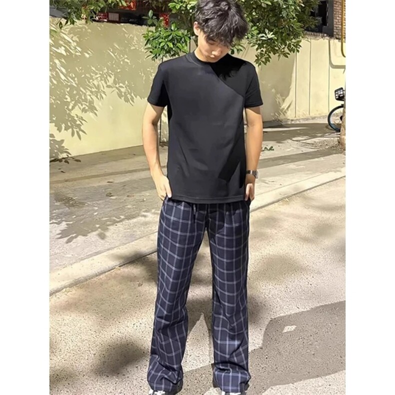 2025新款藏青色格子裤男款夏季薄款慵懒裤子美式速干运动裤XXX30,女装休闲裤,星座208-5