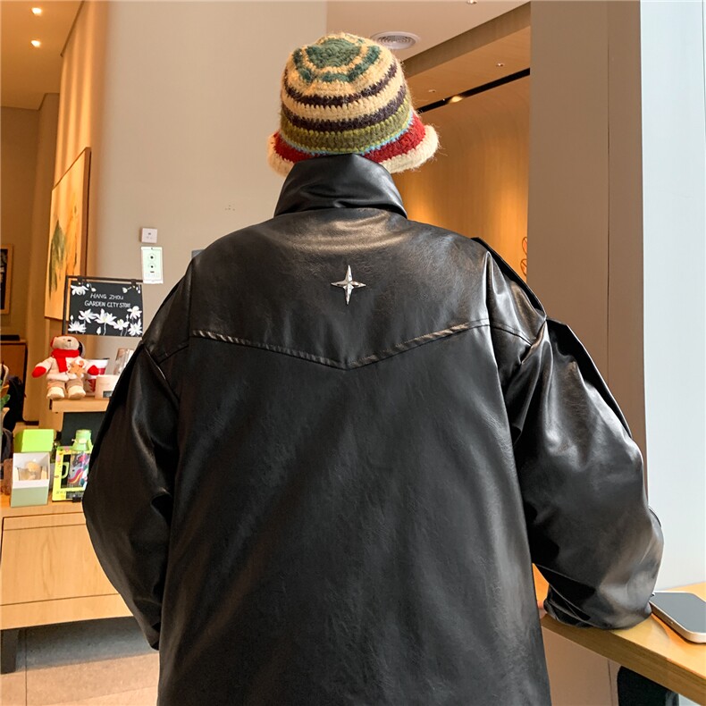 pu皮棉服男冬季美式复古高街派克服加厚设计感机车棉衣D337P138,男装皮衣,电商A335-1（原A458）