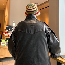 pu皮棉服男冬季美式复古高街派克服加厚设计感机车棉衣D337P138，男装皮衣，电商A335-1（原A458）