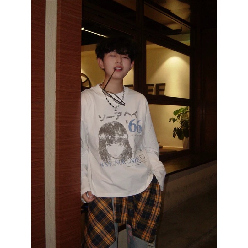 手绘漫画长袖T恤男女春秋潮牌高街休闲上衣CTX0001图片