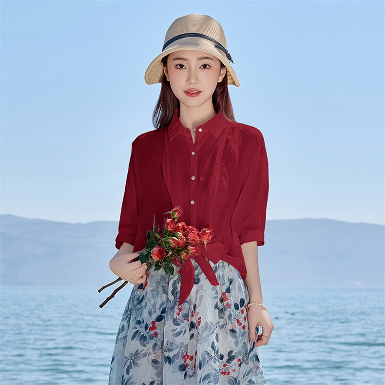 2026年夏季女短袖宽松亲肤透气薄苎麻文艺/优雅，女装衬衫，江南依恋