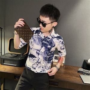 312A-119-P55 新款社会小伙中袖衬衫韩版潮流男士五分袖衬衣b图片