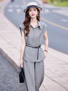 老钱风灰色时尚套装女2025夏季新款时尚通勤翻领衬衫阔腿裤两件套图片