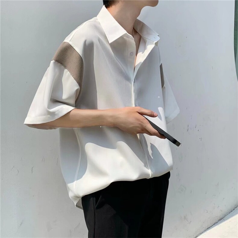 新款拼接五分袖短袖衬衫夏季韩版百搭宽松痞帅衬衣男W3251-P26,男装衬衫,星座512-2