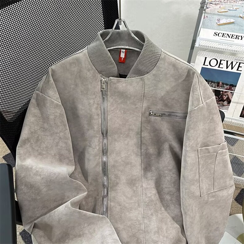 美式扎染pu皮飞行夹克男潮牌秋季新款皮衣外套宽松痞帅百搭棒球服,男装夹克,星座813-2