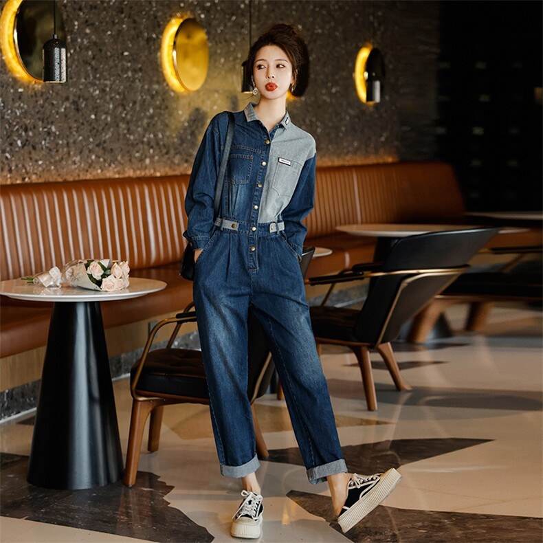 拼接牛仔连体裤女2025春秋新款高端设计感炸街显瘦连身裤，女装连体裤，秋水欣儿