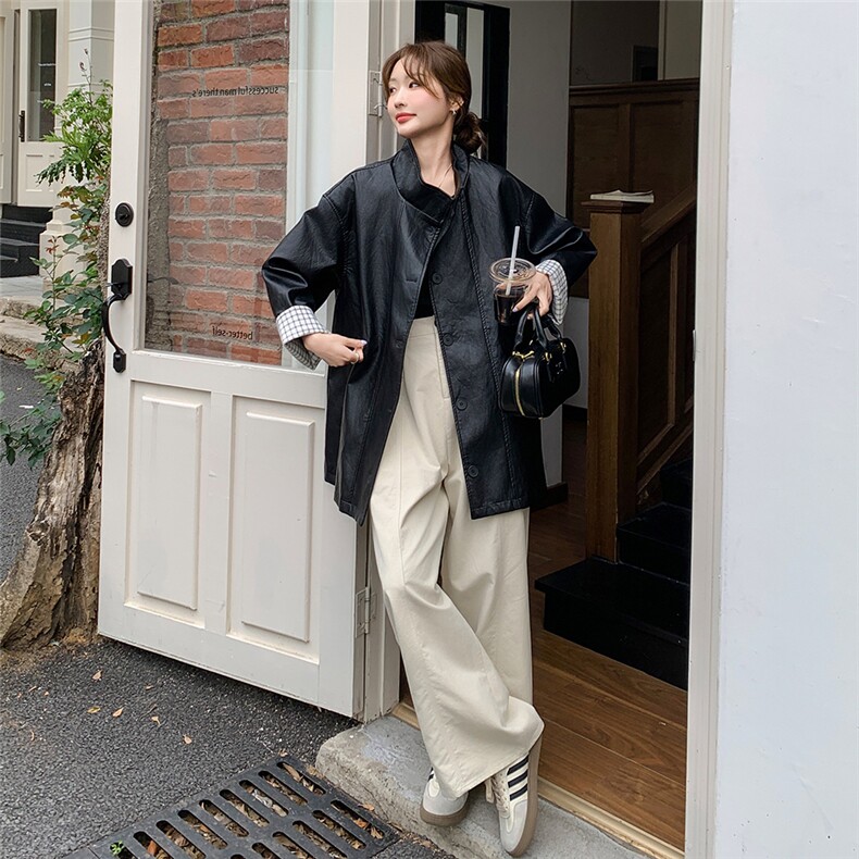 高级感单排扣皮衣风衣外套女2025秋季新款超火流行复古宽松大衣潮,女装皮衣,2C275