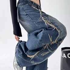 宽松显瘦牛仔裤男女秋设计感毛边拖地长裤直筒阔腿裤子AM182P59，男装牛仔裤，星座1013-5
