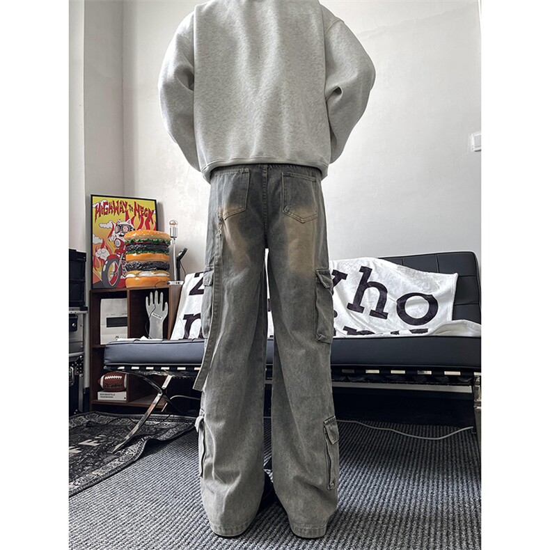 日系复古潮流工装牛仔裤新款多口袋直筒宽松阔腿裤K666TP65,男装牛仔裤,电商A102B