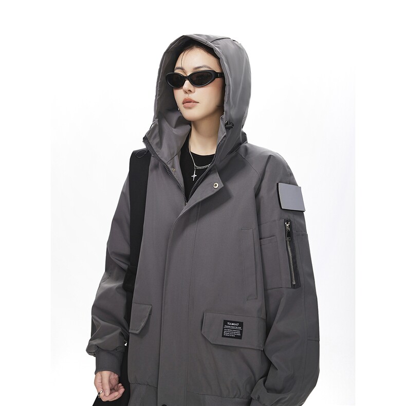 可二开发光贴片连帽工装冲锋衣大码M-5XL夹克女JK78076P85控128，女装短外套，星座226-1