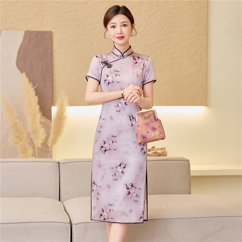 杭州品质真丝长裙复古印花连衣裙女春夏日常修身潮流真丝旗袍,女装汉服/婚纱/旗袍/礼服,小荷流