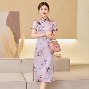 杭州品质真丝长裙复古印花连衣裙女春夏日常修身潮流真丝旗袍图片