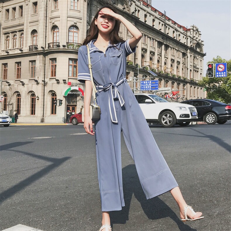 蓝色工装连体裤女2024年夏季新款韩版高腰显瘦阔腿裤连衣裤子，女装连体裤，依依服饰