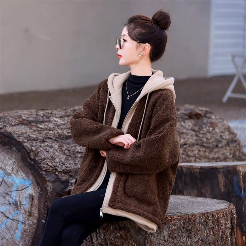 羊羔绒皮毛一体短外套2023冬季新款韩版带帽拼接假两件宽松棉衣,女装棉衣/棉服,瑶迪依秀