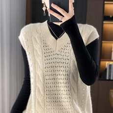 V领麻花纯色羊毛马甲女中长款2024秋冬新款宽松显瘦针织，女装马甲，琳华羊绒