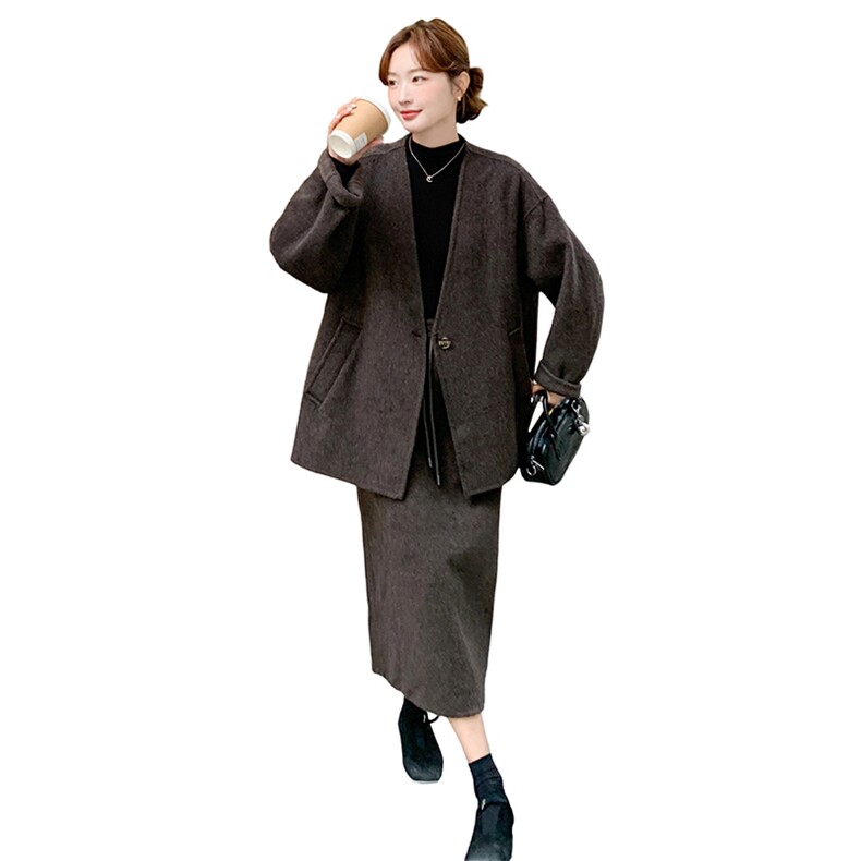 淡人气质感羊绒时尚套装裙女2025年冬季连帽马甲大衣半身裙三件套,女装羊绒大衣,2D078