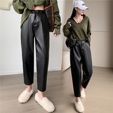 黑色PU皮裤女2023秋冬新款高腰九分气质靴裤休闲小个子裤显瘦百搭，女装休闲裤，梦白服饰厂