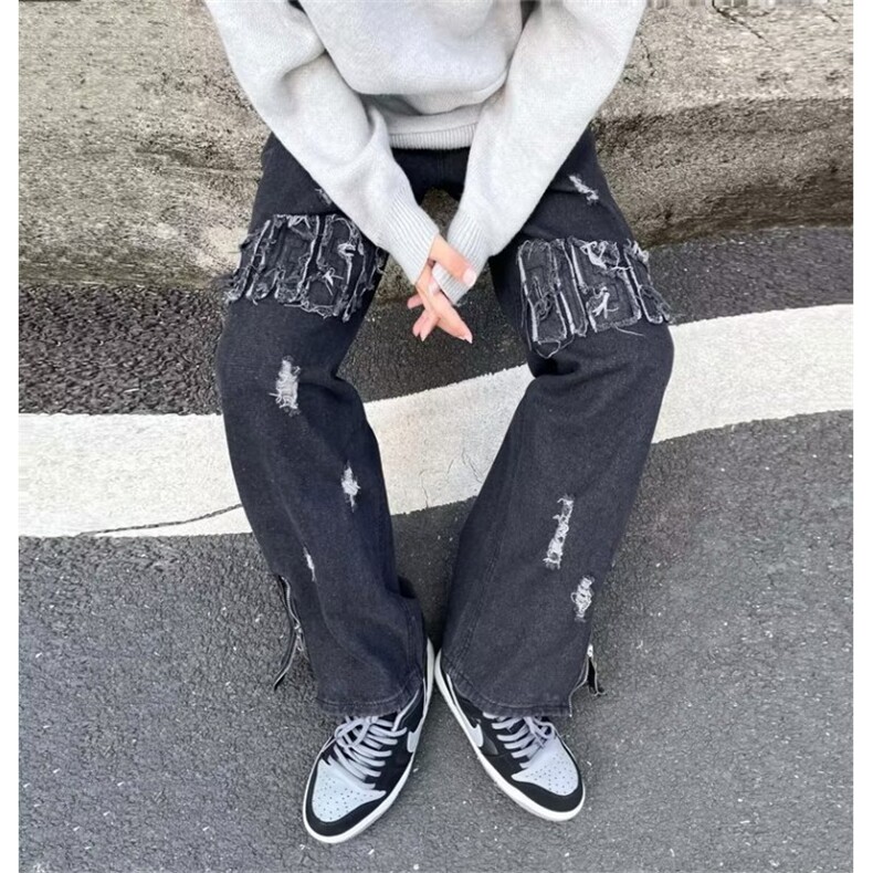 潮裤子美式复古毛边设计感直筒牛仔裤显瘦拖地长裤阔腿P63,男装牛仔裤,四季星座218-1