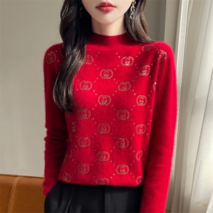 25秋冬一线成衣半高领镶钻100%纯羊毛衫毛衣女宽松羊绒衫针织打底图片