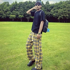 春秋款美式复古黄色格子长裤男生cleanfit日常慵懒休闲裤宽松直筒，男装休闲裤，星座506A