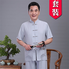 782爸爸夏季套装中老年短袖唐装中国风刺绣福字服装爷爷太服，男装套装，星座1216（原钱塘722）