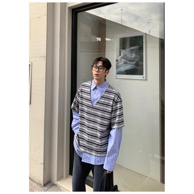 秋季新品拼接设计感条纹衬衫男装宽松高级感长袖，男装衬衫，星座506A