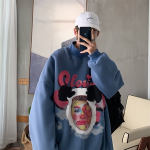 加绒加厚高领卫衣头像印花落肩袖情侣款打底衫男 XZ514-2-G80-P48图片