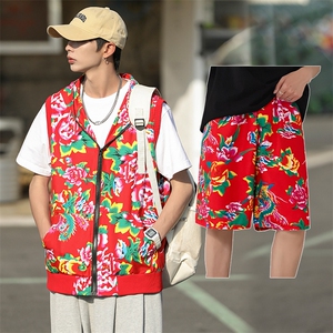 TZ002东北大花休闲连帽马甲坎肩背心男女团队服短裤运动套装汉服图片