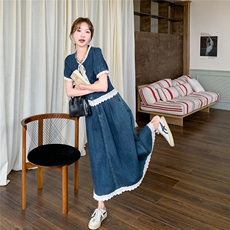 牛仔套装裙女2025夏季新款洋气减龄显瘦蕾丝拼接短袖上衣半身裙潮，女装套装/套裙，2D044