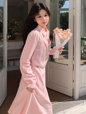 粉色马甲拼接假两件连衣裙女2025春季新款法式温柔风小个子衬衫裙，女装套装/套裙，浙宝305