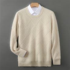 100%纯羊毛衫男圆领加厚菱形提花针织毛衣宽松羊绒衫套头打底上衣，男装羊毛衫，宇灿羊绒