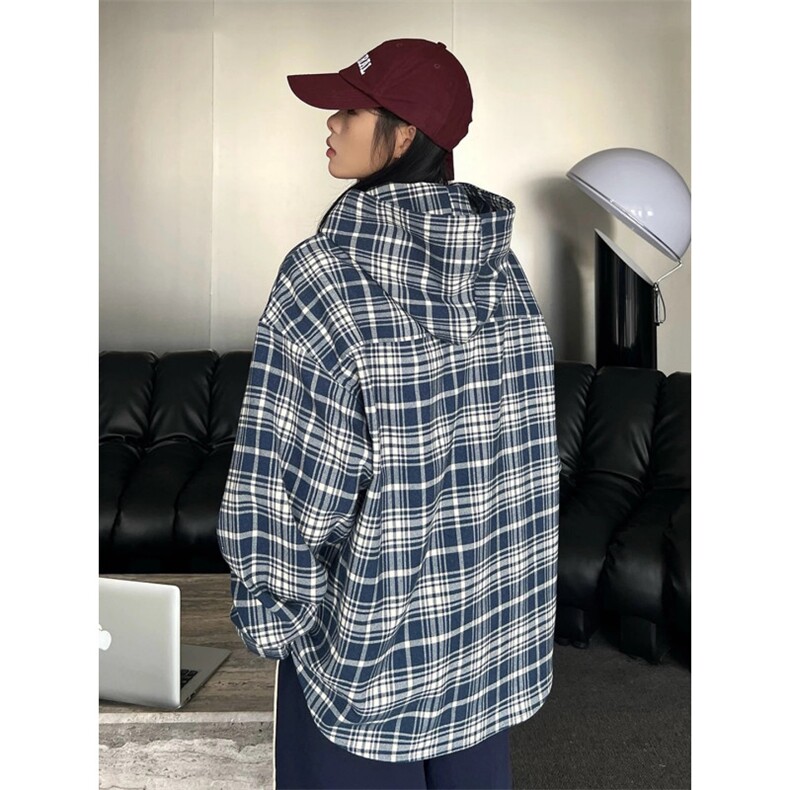 林子烨同款格子连帽衬衫男女款美式复古刺绣长袖衬衣蓝色格纹外套,男装衬衫,星座910A