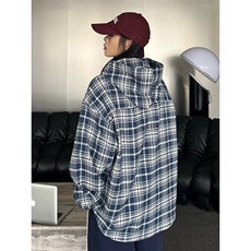 林子烨同款格子连帽衬衫男女款美式复古刺绣长袖衬衣蓝色格纹外套，男装衬衫，星座910A