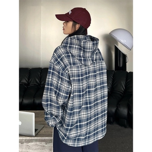 林子烨同款格子连帽衬衫男女款美式复古刺绣长袖衬衣蓝色格纹外套图片